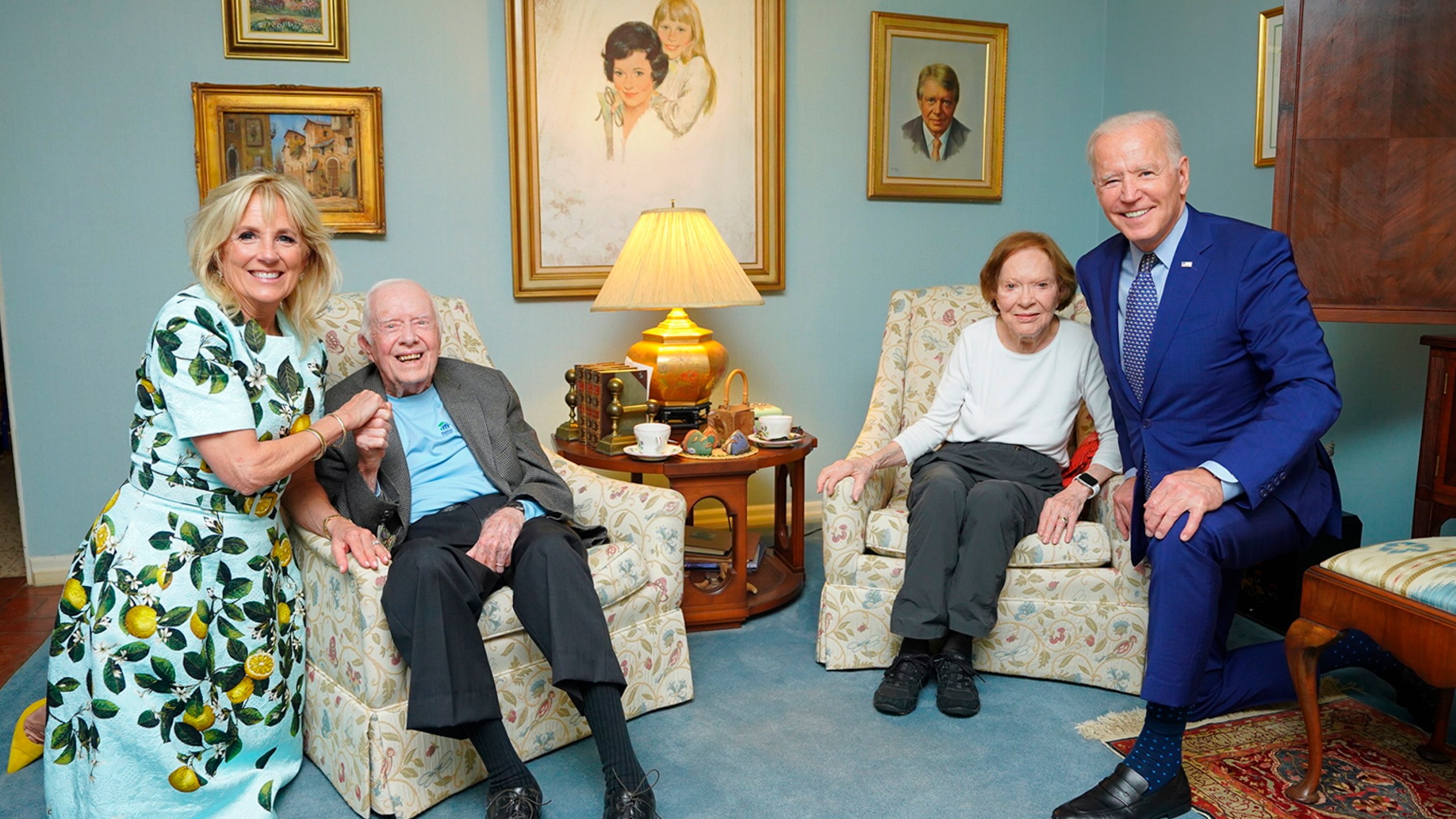 In this April 30, 2021, photo released by The White House, former President Jimmy Carter and former first lady Rosalynn Carter pose for a photo with President Joe Biden and first lady Jill Biden at the home of the Carter's in Plains Ga. (Adam Schultz, The White House via AP)