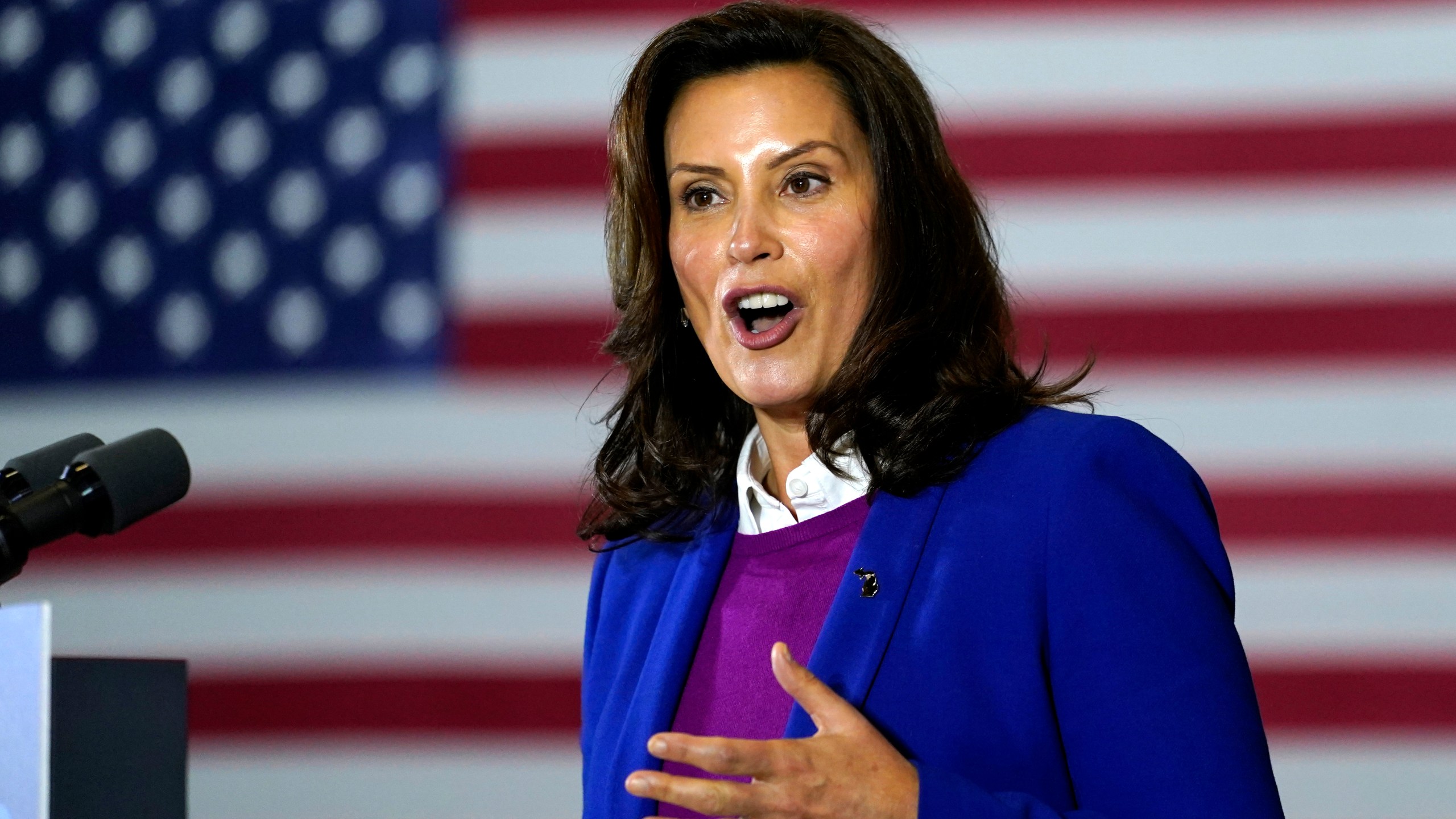 In this Oct. 16, 2020 file photo, Michigan Gov. Gretchen Whitmer speaks at Beech Woods Recreation Center, in Southfield, Mich. Whitmer and six other people who risked their own health and safety to help and protect others during the coronavirus pandemic will receive special Profile in Courage awards next month, the John F. Kennedy Library Foundation announced Tuesday, May 4, 2021. (AP Photo/Carolyn Kaster, File)