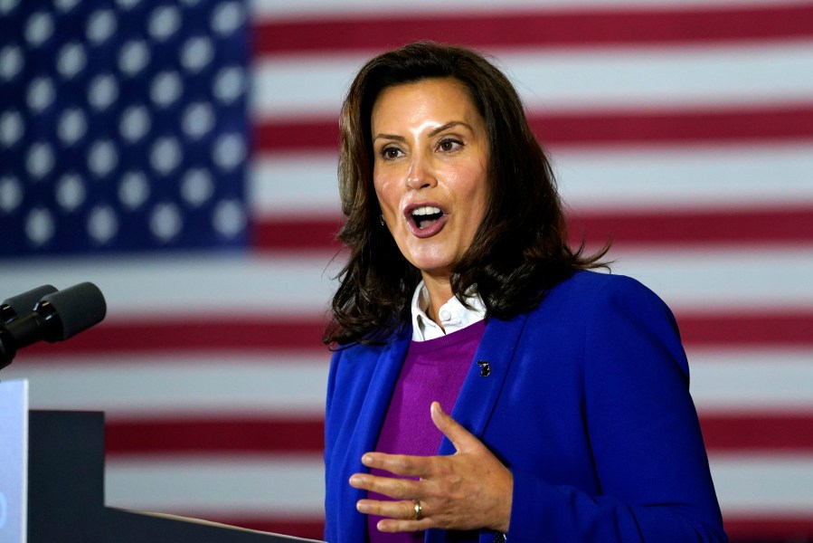 In this Oct. 16, 2020 file photo, Michigan Gov. Gretchen Whitmer speaks at Beech Woods Recreation Center, in Southfield, Mich. Whitmer and six other people who risked their own health and safety to help and protect others during the coronavirus pandemic will receive special Profile in Courage awards next month, the John F. Kennedy Library Foundation announced Tuesday, May 4, 2021. (AP Photo/Carolyn Kaster, File)