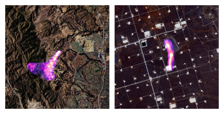 This combination of satellite images provided by the Kayrros data analytics company shows methane plumes, captured using specialized sensors overlaid on optical photos, rising from natural gas sites in Aliso Canyon north of Los Angeles on Oct. 26, 2015, left, and the Permian Basin in Texas on Nov. 8, 2020. (Kayrros via AP)