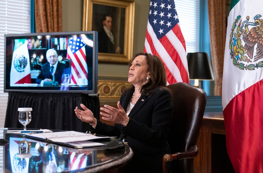 Vice President Kamala Harris speaks during a virtual meeting with Mexican President Andres Manuel Lopez Obrador at the Eisenhower Executive Office Building at the White House on May 7, 2021. (Manuel Balce Ceneta/Associated Press)