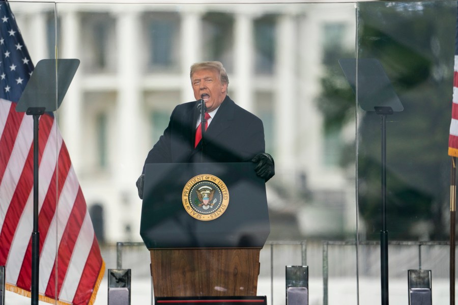 In this Jan. 6, 2021, file photo, President Donald Trump speaks during a rally protesting the electoral college certification of Joe Biden as President in Washington. Lurking beneath Facebook’s decision on whether to continue Donald Trump’s suspension from its platform is a far more complex and consequential question: Do the protections carved out for companies when the internet was in its infancy 25 years ago make sense when some of them have become global powerhouses with almost unlimited reach?(AP Photo/Evan Vucci, File)