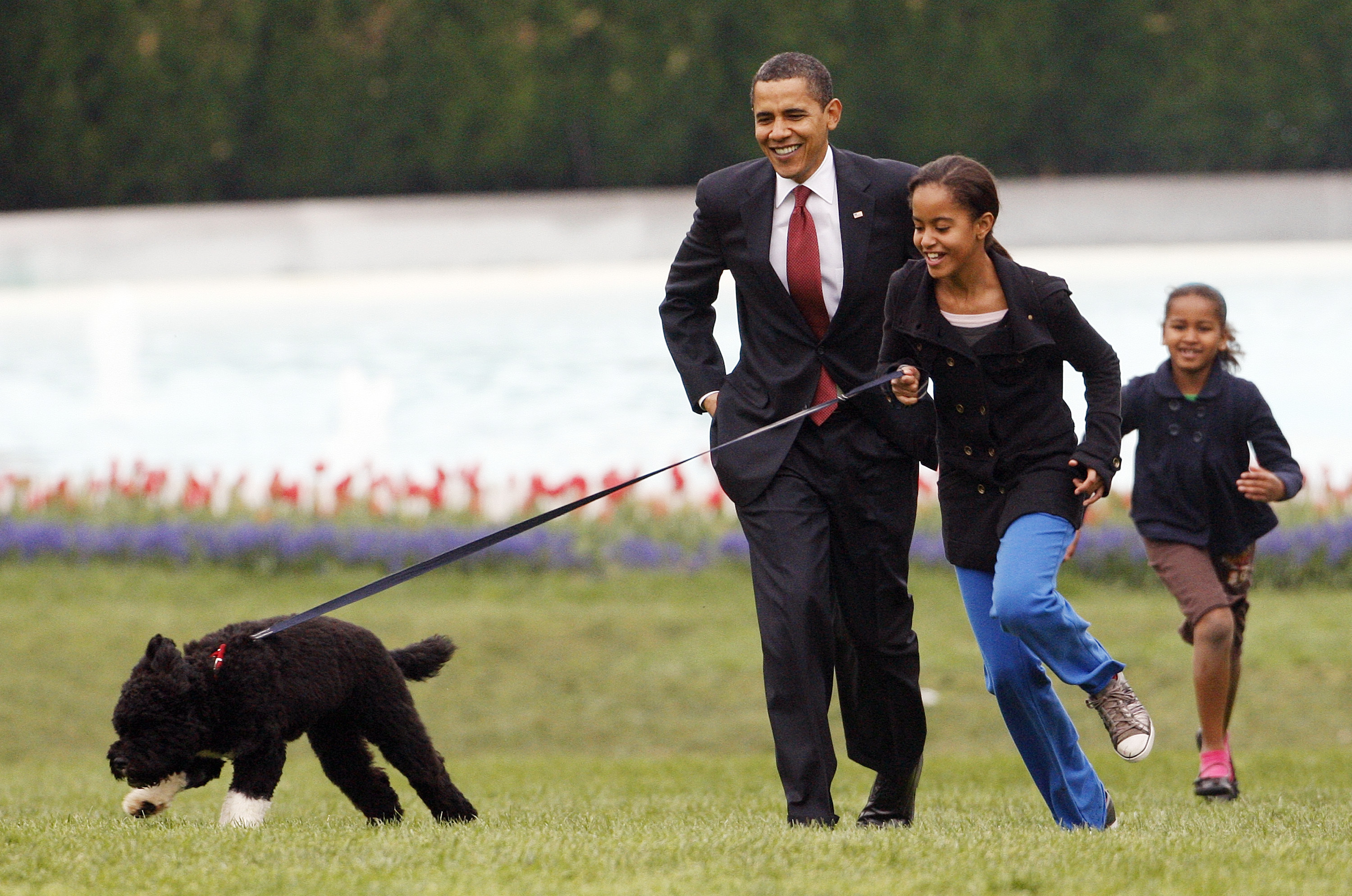 In this April 14, 2009, file photo Malia Obama runs with Bo, followed by President Barack Obama and Sasha Obama, on the South Lawn of the White House in Washington.(AP Photo/Ron Edmonds, File)