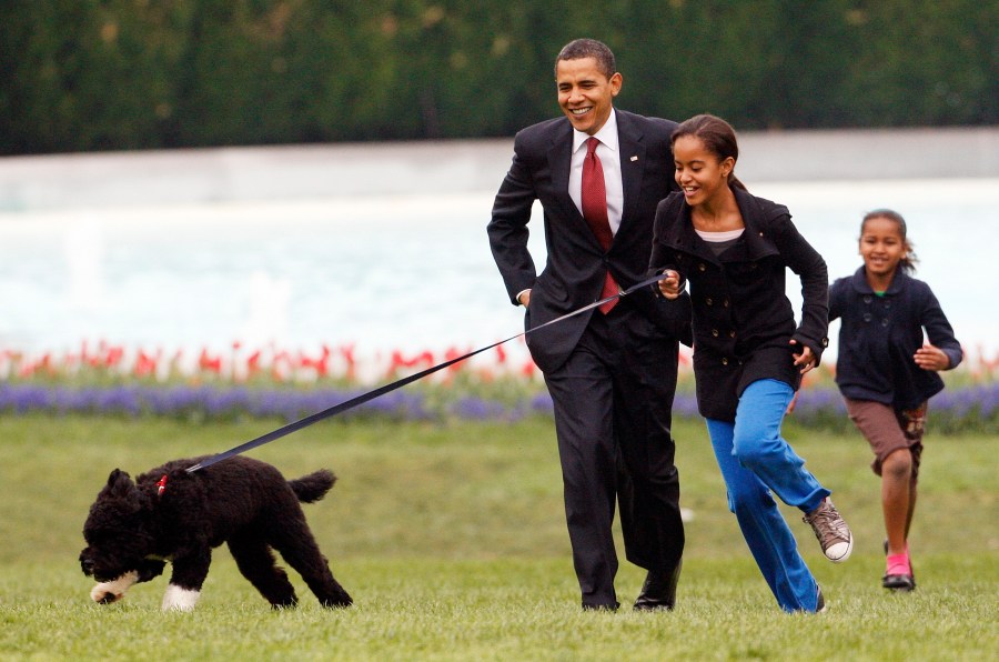 In this April 14, 2009, file photo Malia Obama runs with Bo, followed by President Barack Obama and Sasha Obama, on the South Lawn of the White House in Washington.(AP Photo/Ron Edmonds, File)