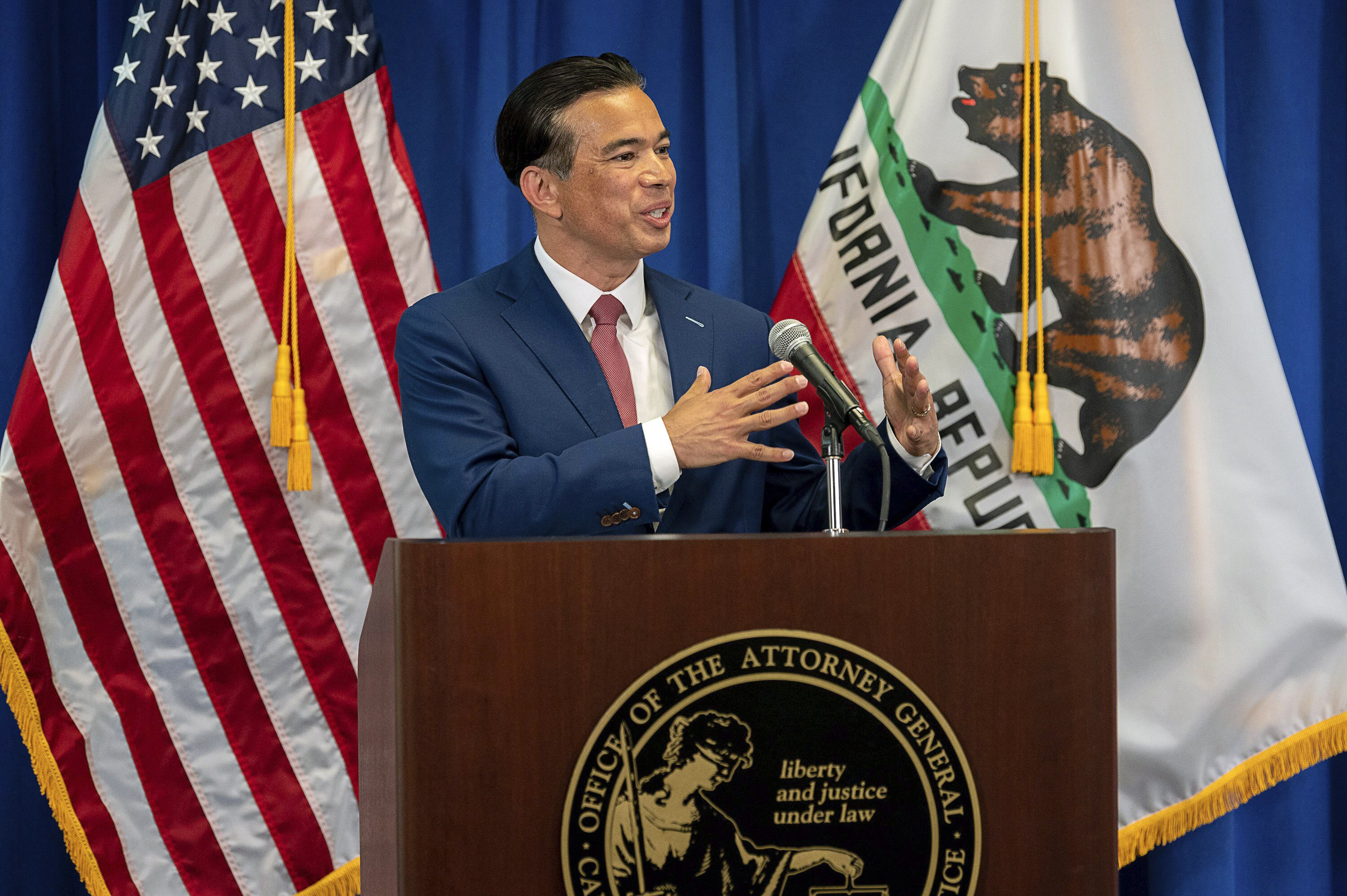 In this April 23, 2021, file photo, California Attorney General Rob Bonta speaks in Sacramento, Calif. California's new attorney general on Tuesday, May 11, 2021, promised more action on hate crimes, saying there is "a state of crisis" because of increases in attacks on Asian Americans since the coronavirus entered the U.S. after originating in China. (Paul Kitagaki Jr./The Sacramento Bee via AP, Pool, File)