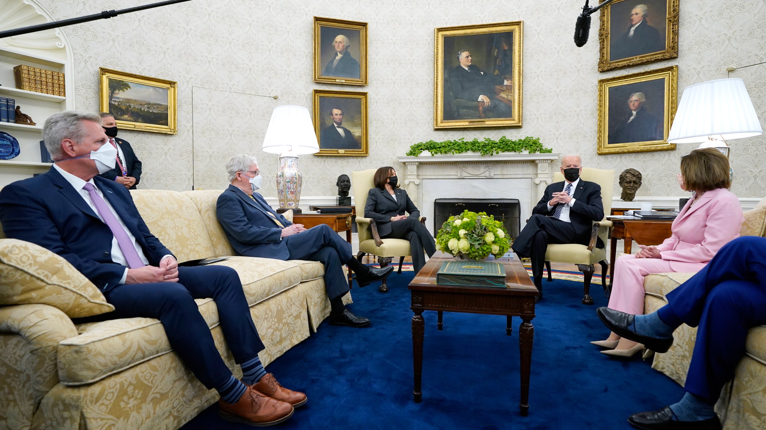 President Joe Biden speaks during a meeting with congressional leaders in the Oval Office of the White House, Wednesday, May 12, 2021, in Washington. From left, House Minority Leader Kevin McCarthy of Calif., Senate Minority Leader Mitch McConnell of Ky., Vice President Kamala, Biden, House Speaker Nancy Pelosi of Calif., and Senate Majority Leader Chuck Schumer of N.Y.. (AP Photo/Evan Vucci)