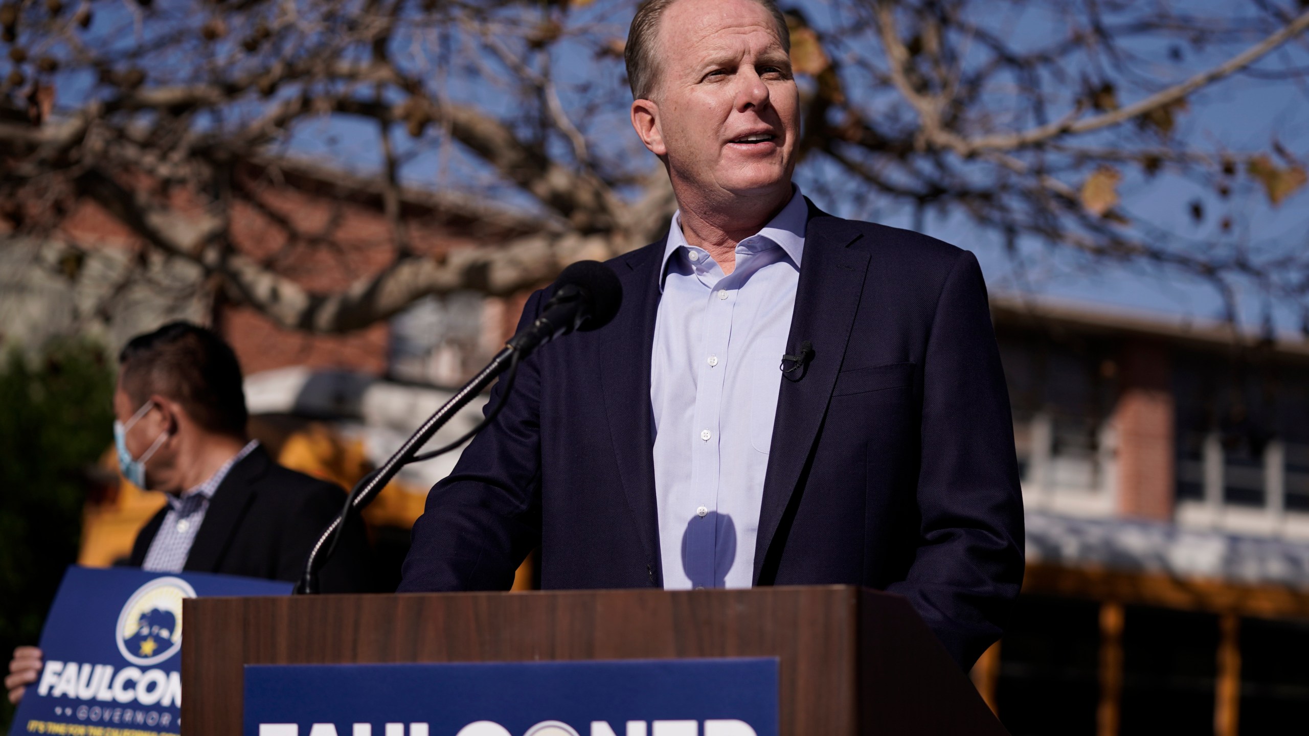 In this Feb. 2, 2021, file photo, Republican gubernatorial candidate Kevin Faulconer speaks during a news conference in the San Pedro section of Los Angeles. Faulconer announced Wednesday, May 12, 2021, that he wants to eliminate state income tax for some low- and middle-income people if he's elected. He would need support in the Democratically controlled state Legislature. (AP Photo/Jae C. Hong, File)