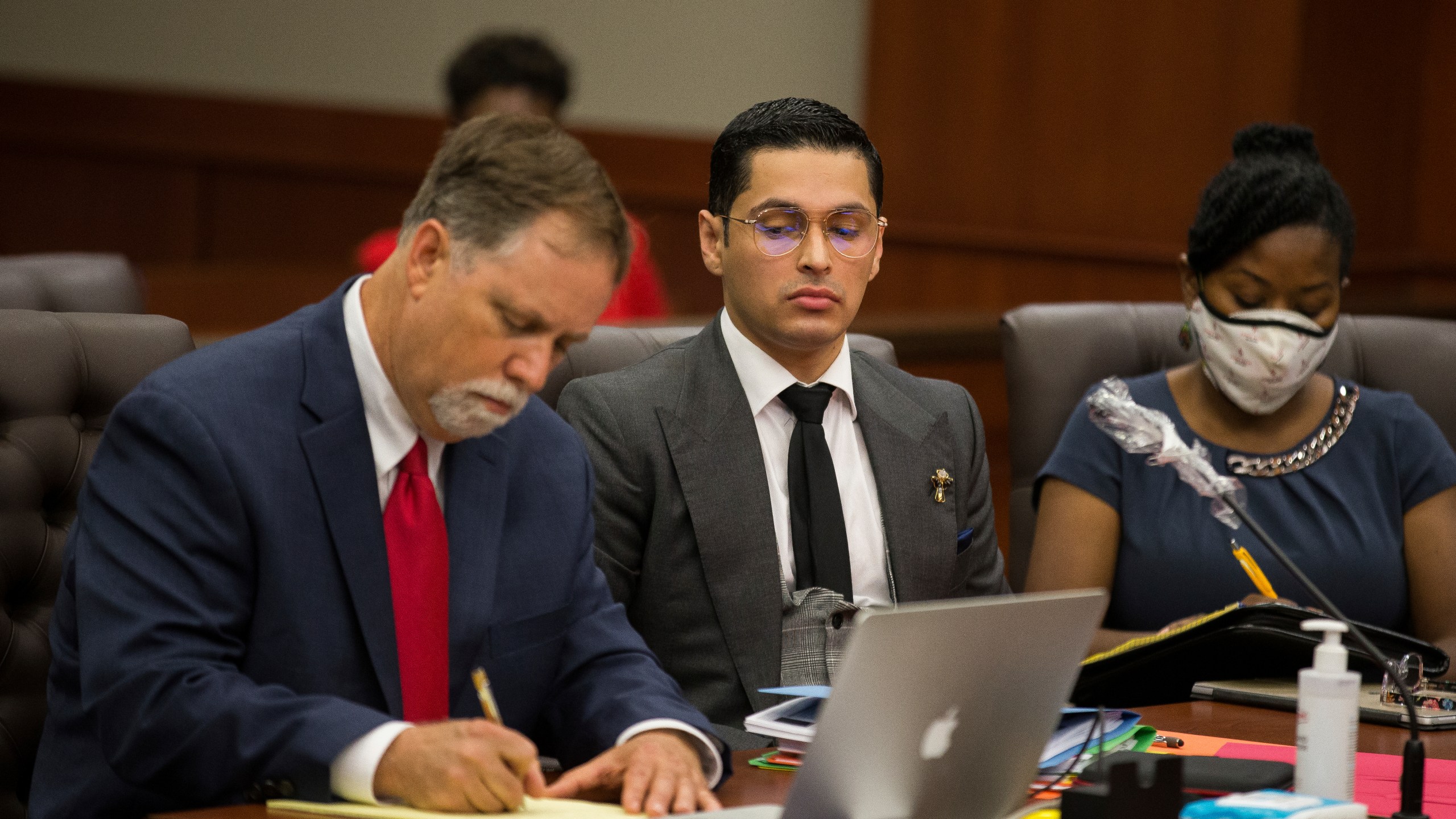 Attorney Michael Elliott and his client Victor Hugo Cuevas, a 26-year-old linked to a missing tiger named India, attend a bond revocation hearing on a separate murder charge at Fort Bend County Justice Center on Friday, May 14, 2021, in Richmond, Texas. (Godofredo A. Vásquez/Houston Chronicle via AP)