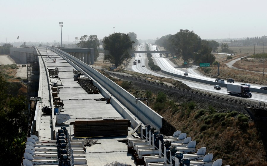 The high-speed rail viaduct paralleling Highway 99 near Fresno, Calif., is seen on Oct. 9, 2019. (Rich Pedroncelli / Associated Press)