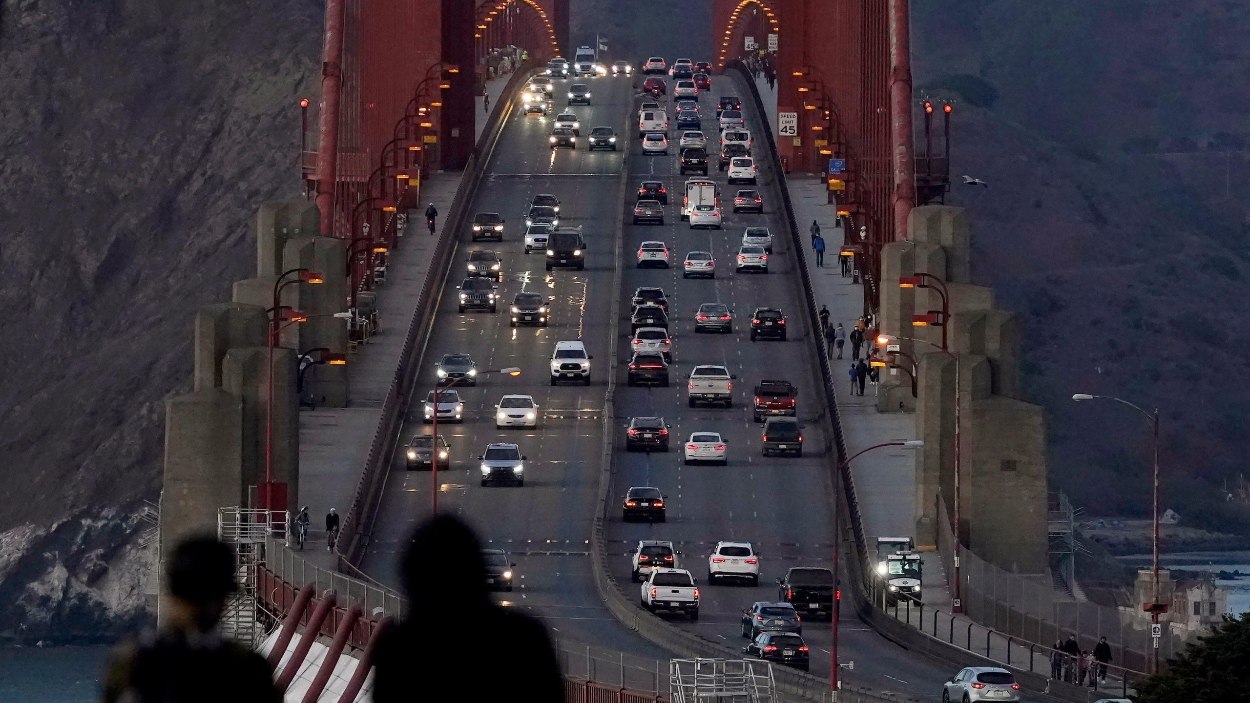 In this Nov. 12, 2020, file photo, traffic moves on the Golden Gate Bridge in San Francisco. (AP Photo/Jeff Chiu, File)