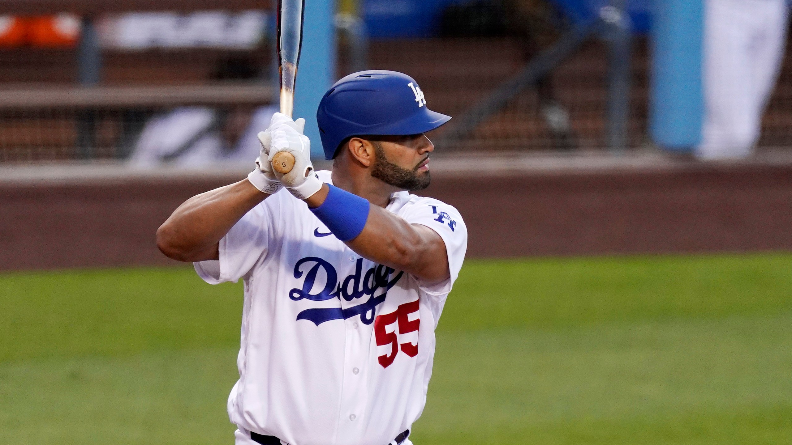 Los Angeles Dodgers' Albert Pujols bats during the first inning of a baseball game against the Arizona Diamondbacks on May 17, 2021, in Los Angeles. (AP Photo/Mark J. Terrill)