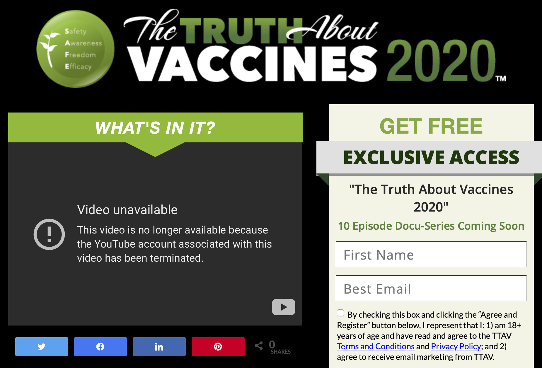 This,May 19, 2021, image made from The Truth About Vaccines website, run by Ty and Charlene Bollinger, shows a message indicating one of their YouTube accounts has been shut down. The major online seller of disinformation about COVID-19 and its vaccines has had one of its channels removed from YouTube, days after an Associated Press investigation detailed how they work with other spreaders of false information to make money. (AP Photo)