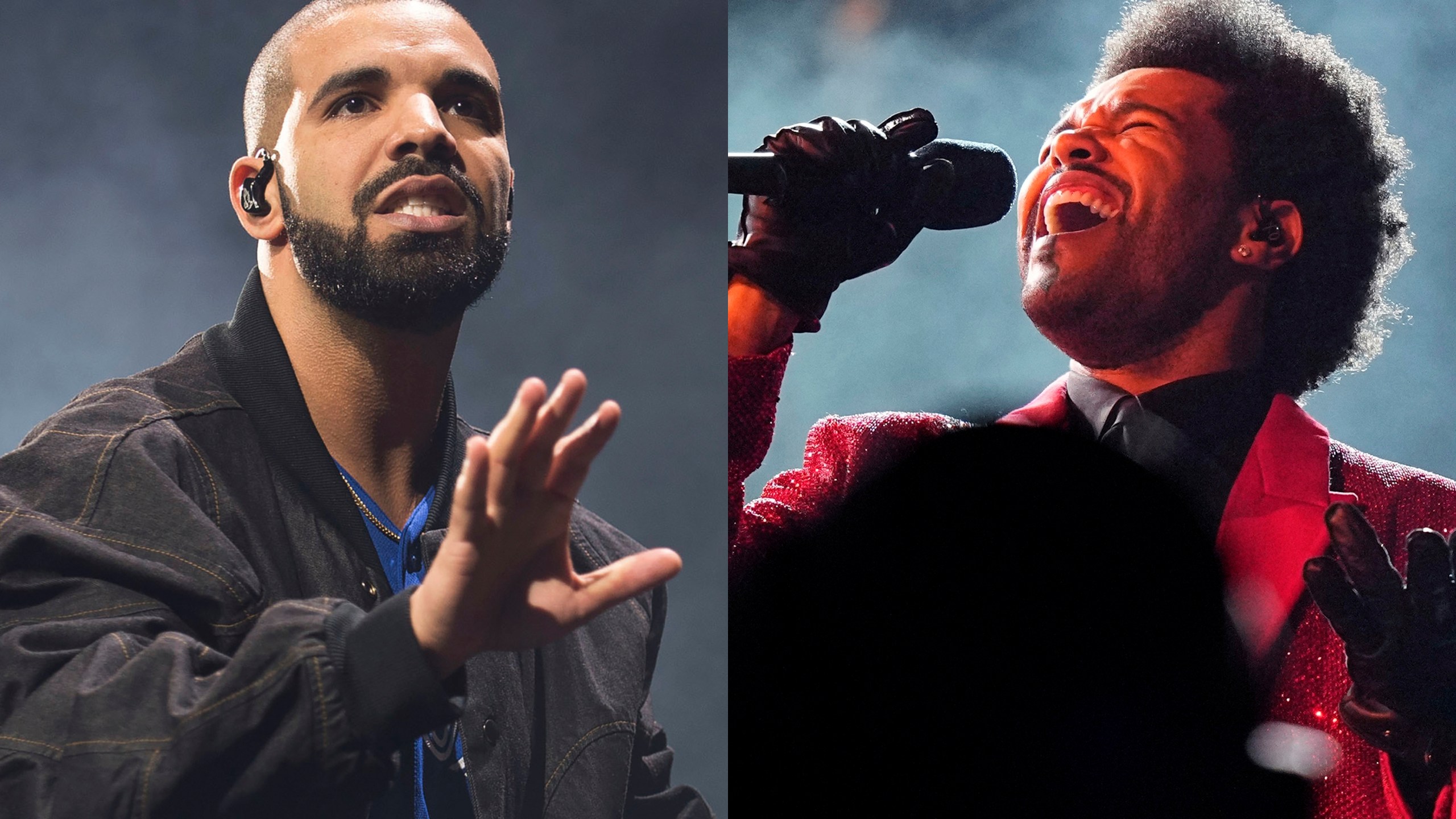 Drake performs onstage in Toronto on Oct. 8, 2016, left, and The Weeknd performs during the halftime show of the NFL Super Bowl 55 football game on Feb. 7, 2021, in Tampa, Fla. Drake, the most decorated winner in the history of the Billboard Music Awards, will be named artist of the decade and The Weeknd, who has 16 nominations, will perform on Sunday's show. (AP Photo)