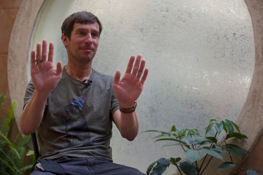 Mountain guide Lukas Furtenbach speaks to The Associated Press in Kathmandu, Nepal, Saturday, May 22, 2021. (AP Photo/Bikram Rai)