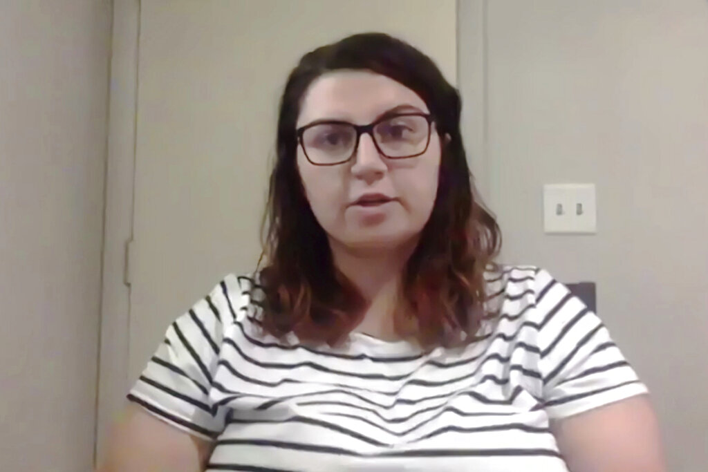 This Thursday, May 20, 2021, image from video shows Madison Smith during an interview in Lindsborg, Kansas. (AP Photo/Heather Hollingsworth)