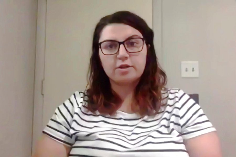 This Thursday, May 20, 2021, image from video shows Madison Smith during an interview in Lindsborg, Kansas. (AP Photo/Heather Hollingsworth)