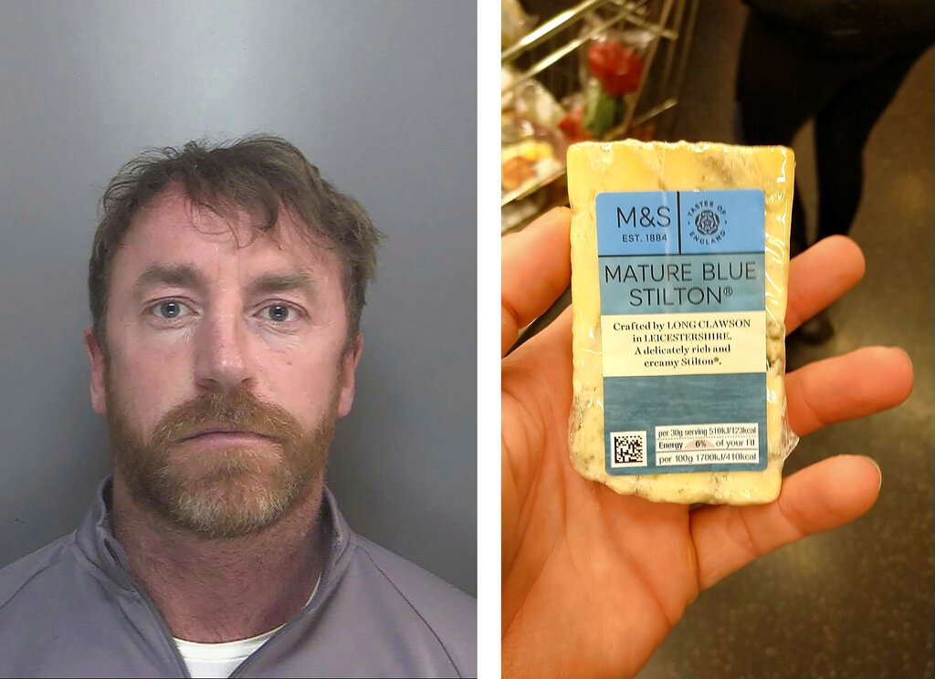 Two images released Thursday May 27, 2021, by Merseyside Police showing a photo of Carl Stewart, left, and the photo he posted of himself holding a block of cheese that was used by police to identify Stewart who has been jailed Friday May 23, 2021, for 13 years and six months on various drugs charges. Carl Stewart/Merseyside Police via AP)