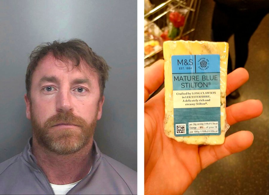 Two images released Thursday May 27, 2021, by Merseyside Police showing a photo of Carl Stewart, left, and the photo he posted of himself holding a block of cheese that was used by police to identify Stewart who has been jailed Friday May 23, 2021, for 13 years and six months on various drugs charges. Carl Stewart/Merseyside Police via AP)