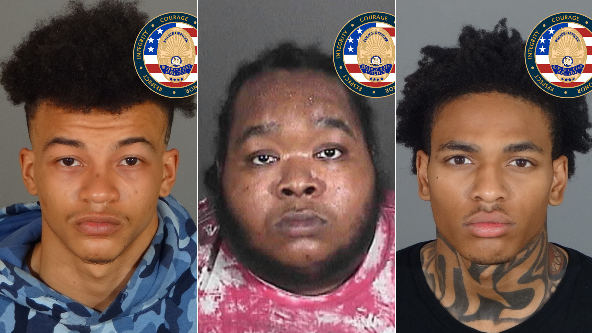 Khai McGhee, Marquise Anthony Gardon and Malik Lamont Powell are shown in photos released by the Beverly Hills Police Department on May 12, 2021.