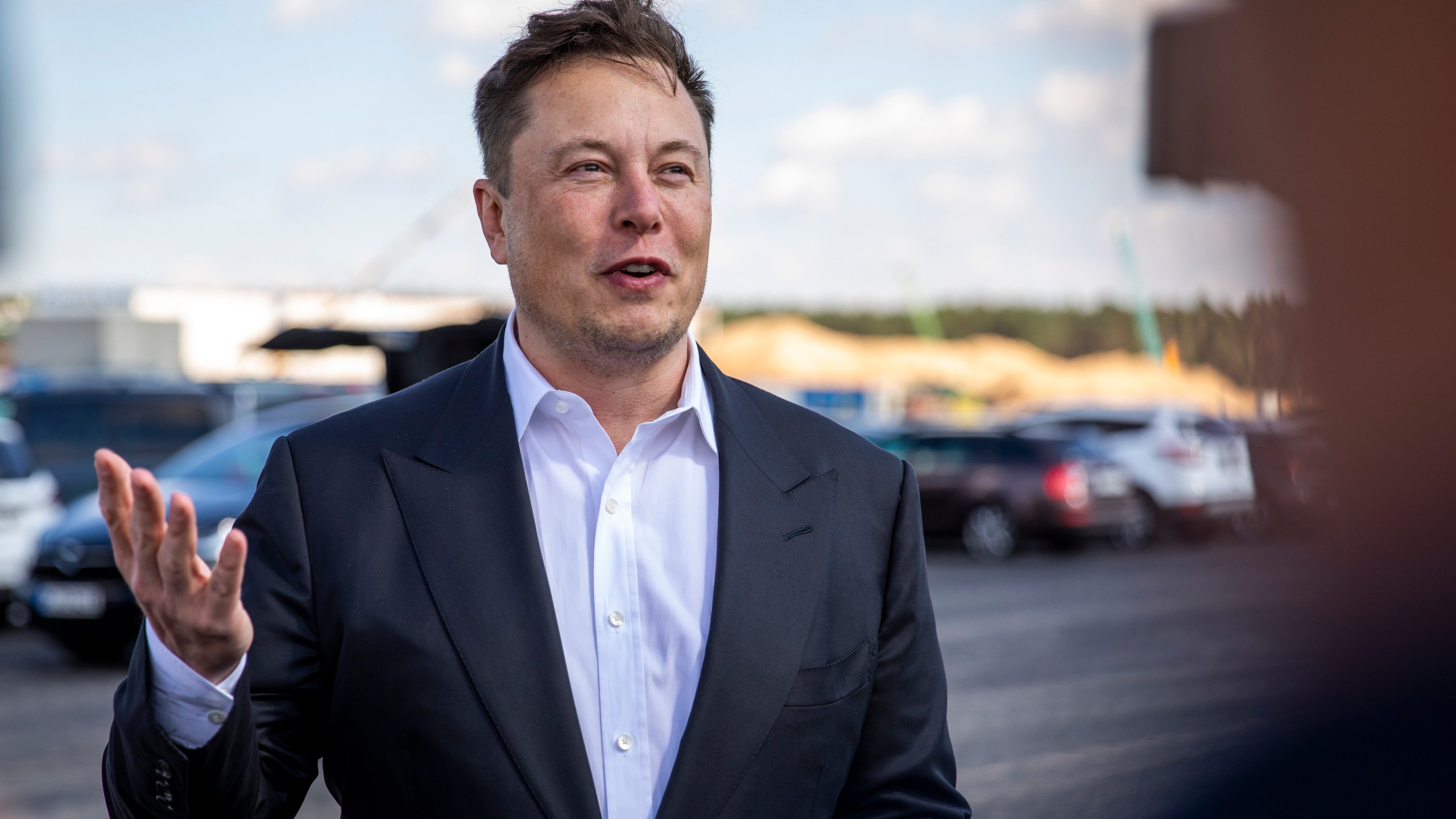 Tesla head Elon Musk arrives to have a look at the construction site of the new Tesla Gigafactory near Berlin in Gruenheide, Germany, on Sept. 3, 2020. (Maja Hitij / Getty Images)