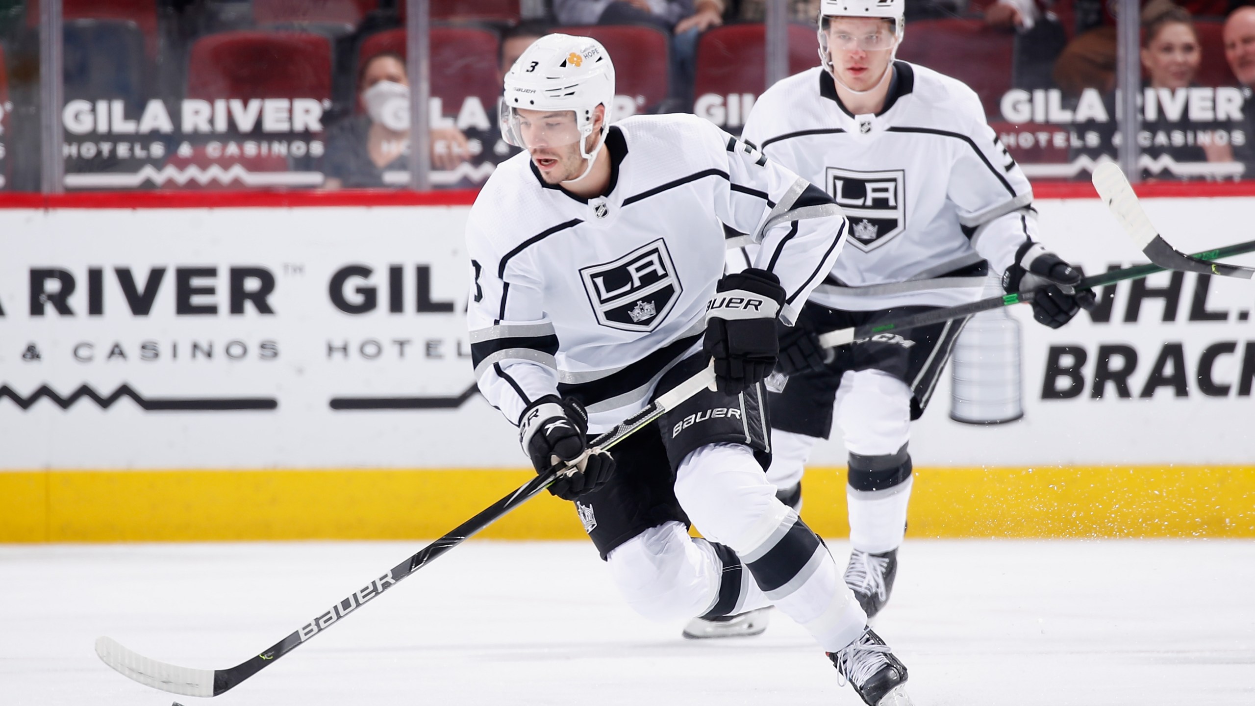 Matt Roy of the Los Angeles Kings skates with the puck during an NHL game against the Arizona Coyotes at Gila River Arena in Glendale, Arizona, on May 5, 2021. (Christian Petersen / Getty Images)