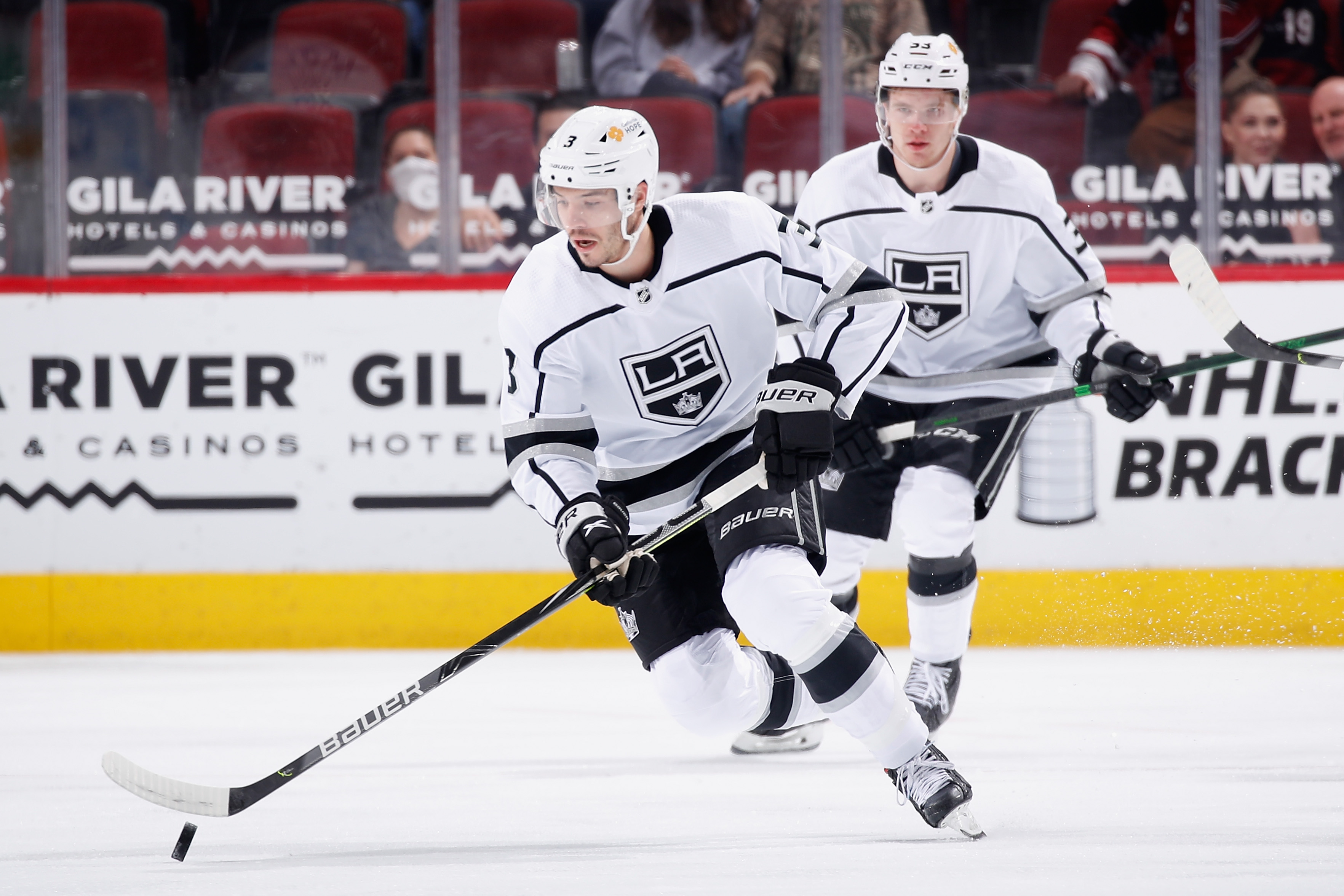 Matt Roy of the Los Angeles Kings skates with the puck during an NHL game against the Arizona Coyotes at Gila River Arena in Glendale, Arizona, on May 5, 2021. (Christian Petersen / Getty Images)