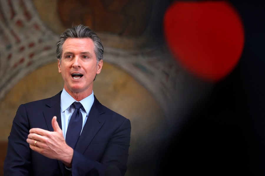 California Gov. Gavin Newsom speaks during a press conference at The Unity Council in Oakland on May 10, 2021. (Justin Sullivan / Getty Images)