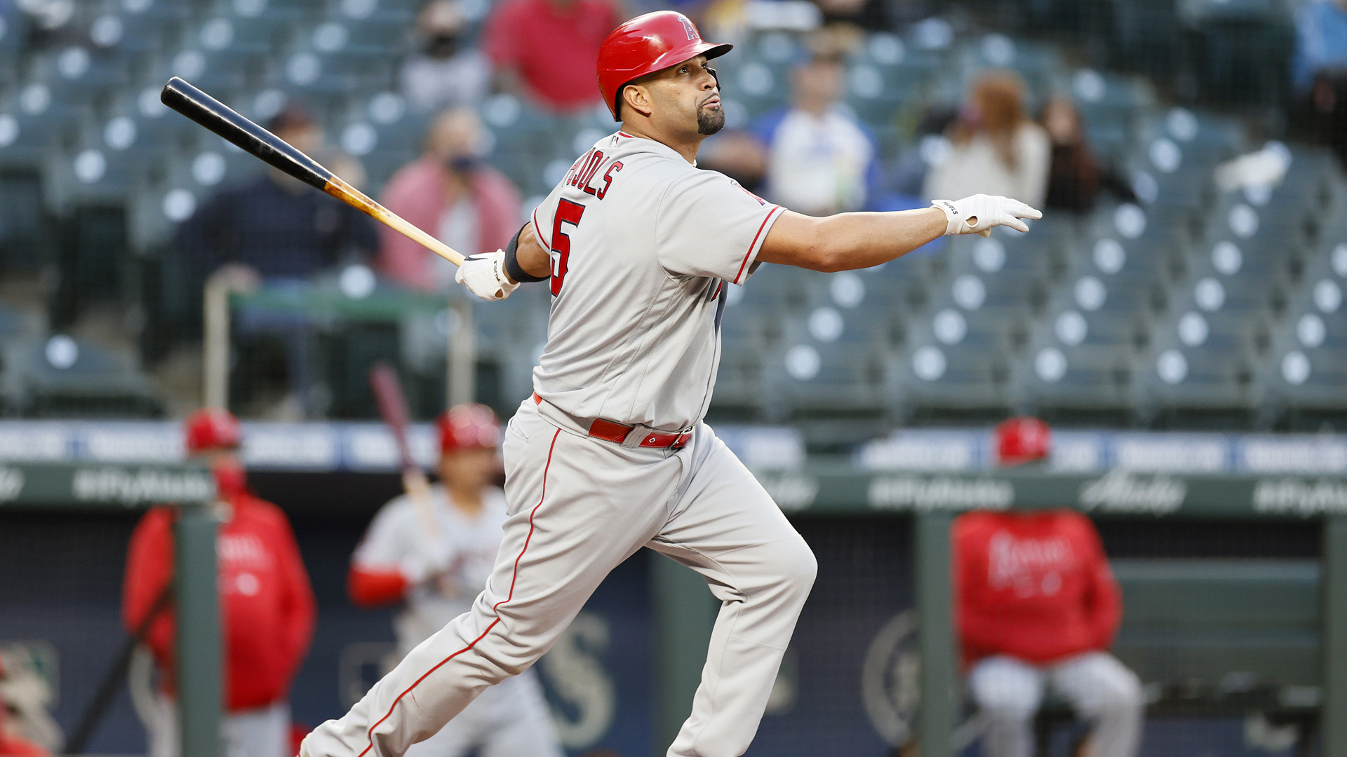 Albert Pujols bats against the Seattle Mariners in the second inning at T-Mobile Park on April 30, 2021 in Seattle. (Steph Chambers/Getty Images)