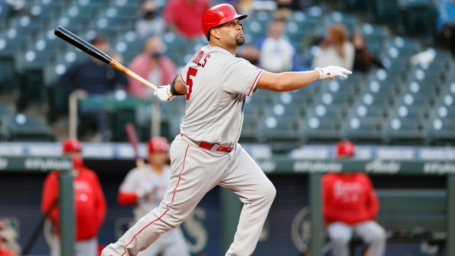 Albert Pujols bats against the Seattle Mariners in the second inning at T-Mobile Park on April 30, 2021 in Seattle. (Steph Chambers/Getty Images)