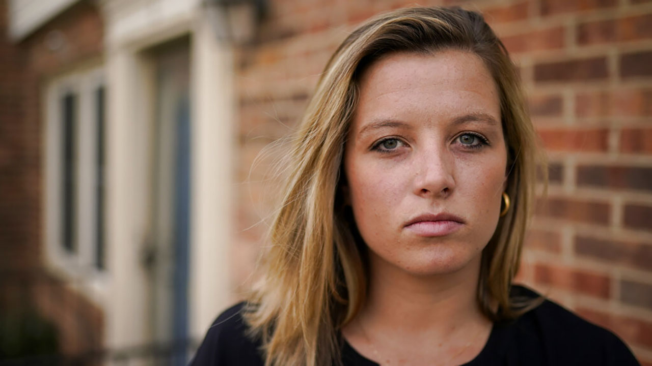 Shannon Keeler poses for a portrait in the United States on Wednesday, April 7, 2021. A series of online messages from a long-ago schoolmate has Keeler, a Gettysburg College graduate, trying again to get authorities to make an arrest in her 2013 sexual assault. (AP Photo)