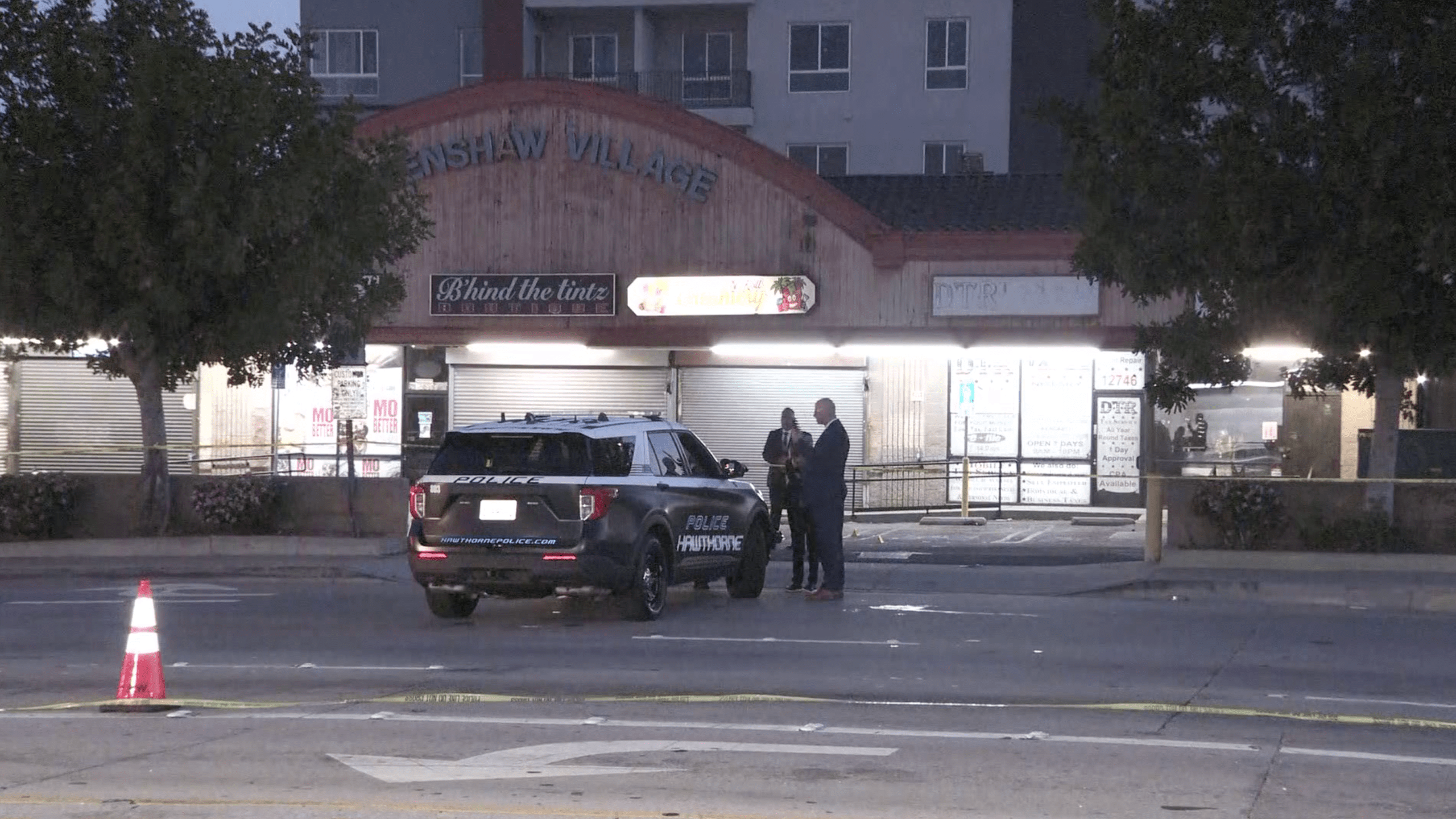 Hawthorne police investigate after a gunshot victim was found in a crashed car late May 2, 2021. (KTLA)