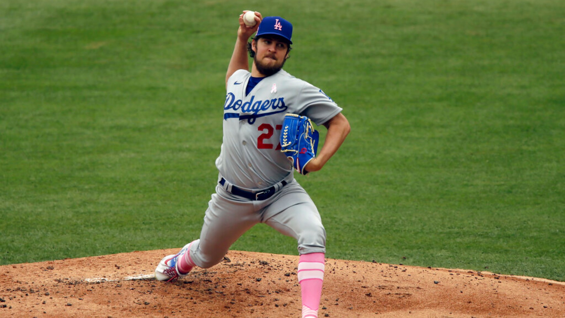 Los Angeles Dodgers starting pitcher Trevor Bauer throws to a Los Angeles Angels batter during the first inning of a baseball game in Anaheim, Calif., Sunday, May 9, 2021. (AP Photo/Alex Gallardo)