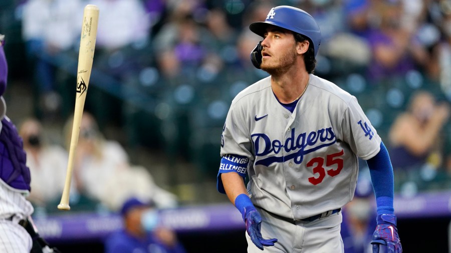 In this April 2, 2021, file photo, Los Angeles Dodgers' Cody Bellinger tosses his bat after flying out against Colorado Rockies starting pitcher Antonio Senzatela. (David Zalubowski/Associated Press)