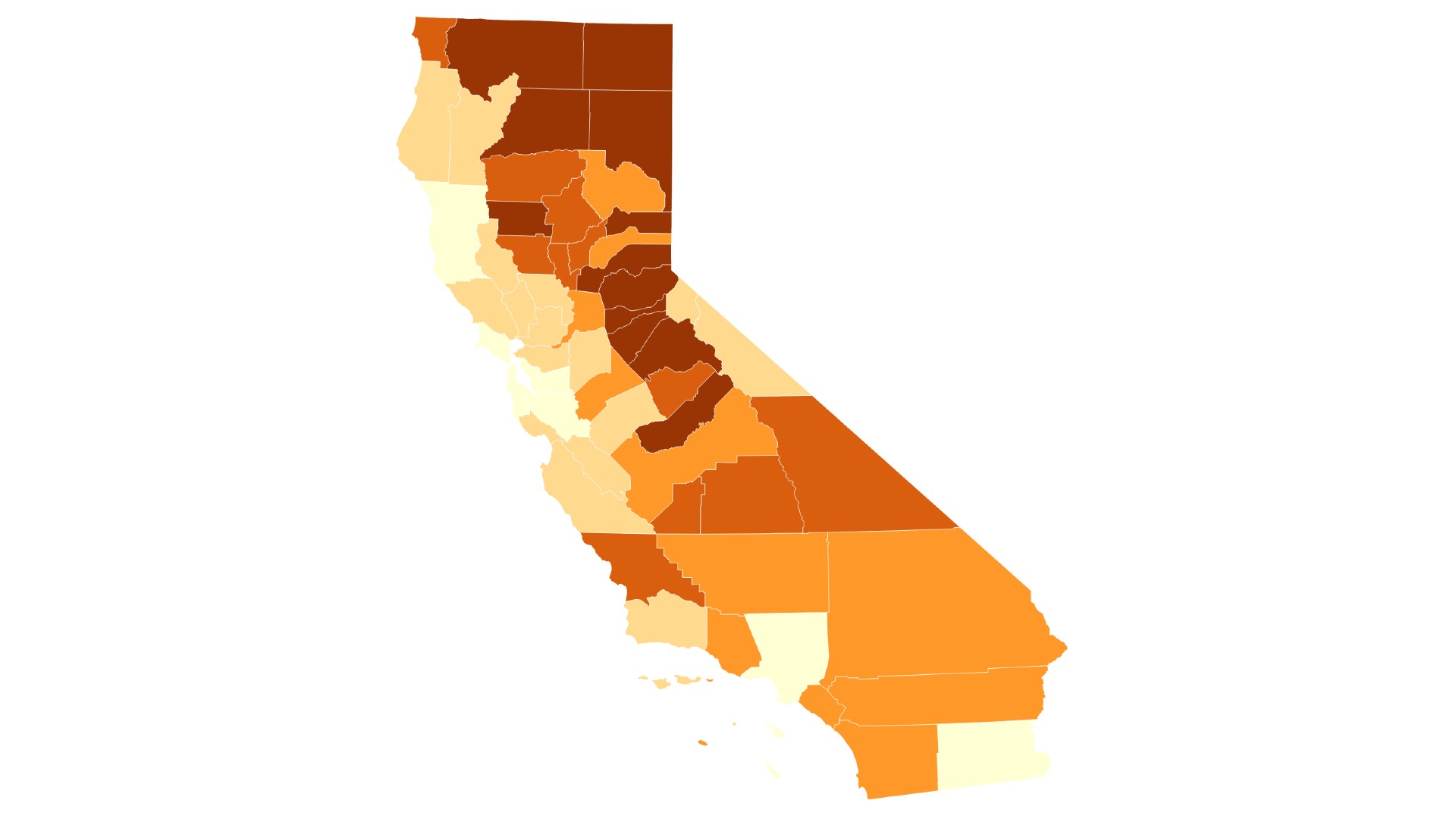 The map shows the percentage of registered voters who signed the recall for Gov. Gavin Newsom in each California county. Darker areas had the highest participation among voters in the recall petition.