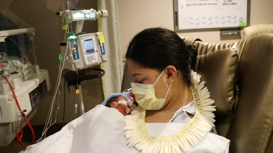 Lavinia “Lavi” Mounga and her newborn son Raymond are seen in a photo provided by Hawai‘i Pacific Health.