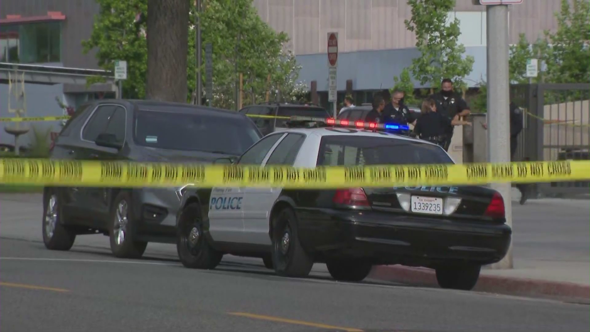 Police investigate a fatal shooting involving a Monterey Park officer on May 17, 2021. (KTLA)