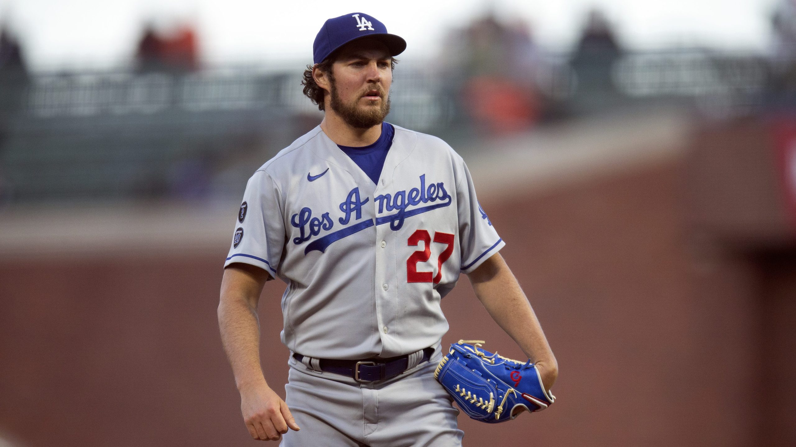 Los Angeles Dodgers starting pitcher Trevor Bauer works against the San Francisco Giants during the fourth inning of a baseball game in San Francisco on May 21, 2021. (D. Ross Cameron / Associated Press)