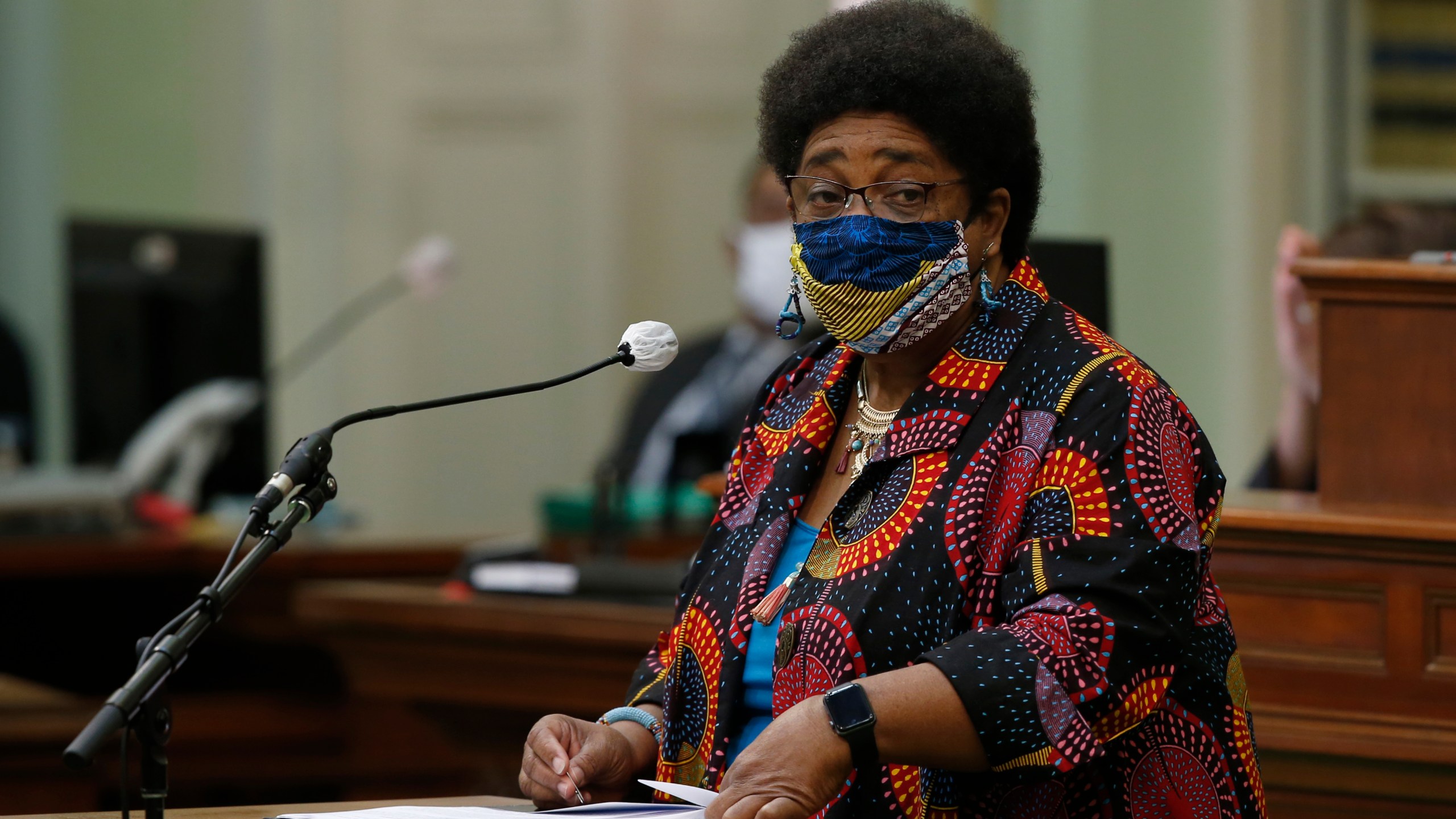 In this June 11, 2020, file photo, then-Assemblywoman Shirley Weber calls on lawmakers to create a task force to study and develop reparation proposals for African Americans, during the Assembly session in Sacramento, Calif. A landmark California committee to study reparations for African Americans is meeting for its first time, Tuesday, June 1, 2021, launching a two-year process to address the harms of slavery and systemic racism. Secretary of State Shirley Weber, who as an assemblymember authored the legislation creating the task force, noted the solemnity of the occasion as well as the opportunity to right an historic wrong. (AP Photo/Rich Pedroncelli, File)