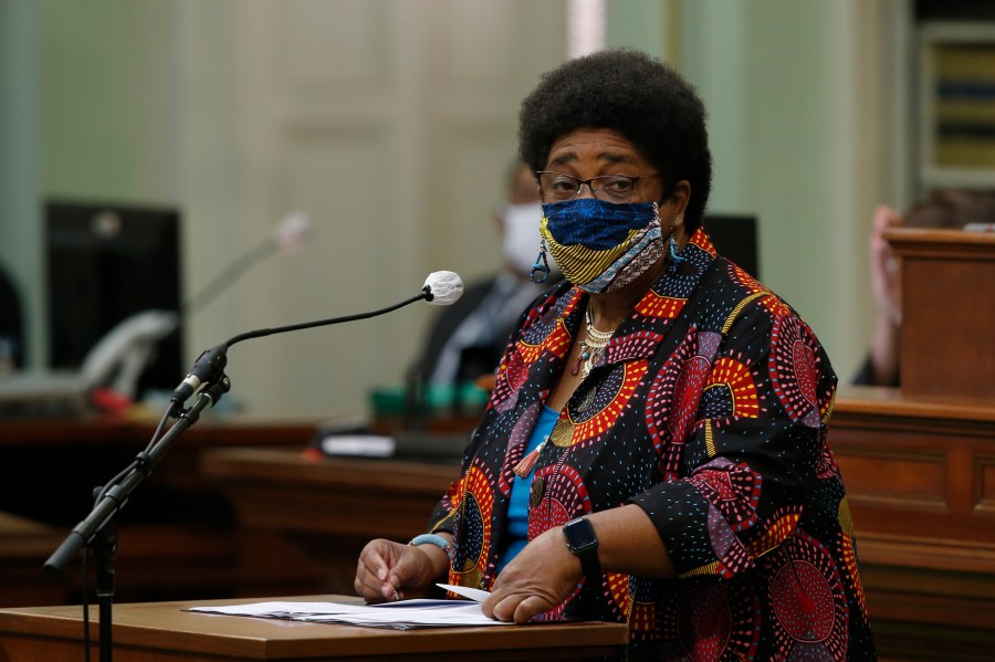 In this June 11, 2020, file photo, then-Assemblywoman Shirley Weber calls on lawmakers to create a task force to study and develop reparation proposals for African Americans, during the Assembly session in Sacramento, Calif. A landmark California committee to study reparations for African Americans is meeting for its first time, Tuesday, June 1, 2021, launching a two-year process to address the harms of slavery and systemic racism. Secretary of State Shirley Weber, who as an assemblymember authored the legislation creating the task force, noted the solemnity of the occasion as well as the opportunity to right an historic wrong. (AP Photo/Rich Pedroncelli, File)