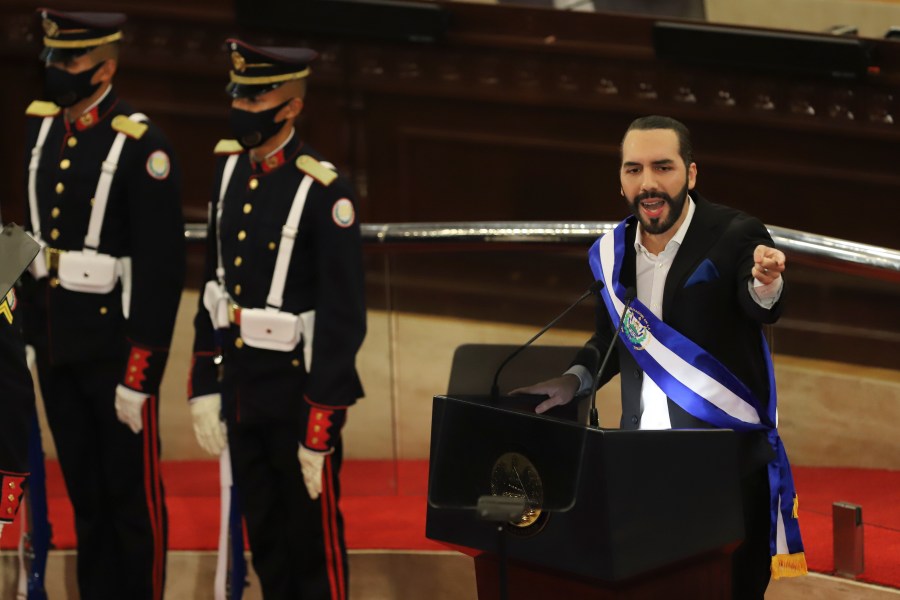 El Salvador's President Nayib Bukele delivers his annual address to the nation before Congress, in San Salvador, El Salvador, Tuesday, June 1, 2021. (AP Photo/Salvador Melendez)