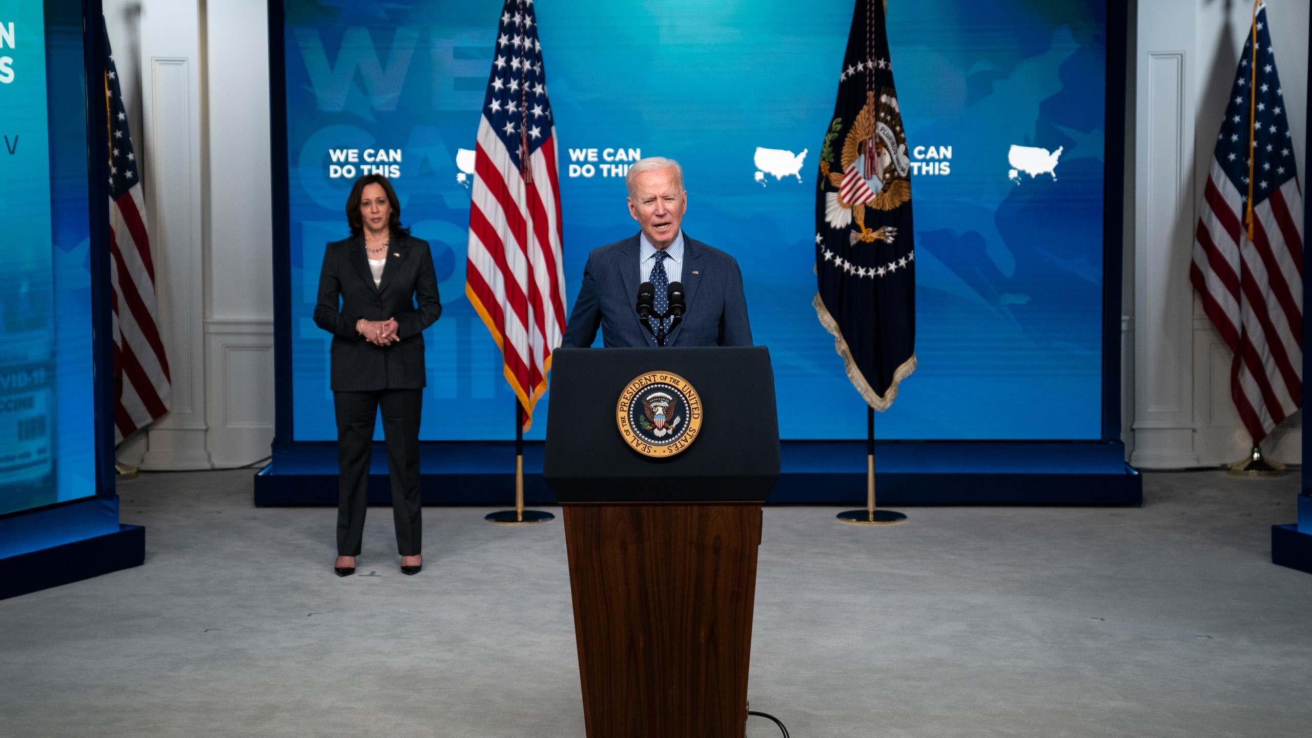 Vice President Kamala Harris listens as President Joe Biden speaks about the COVID-19 vaccination program, in the South Court Auditorium at the White House on June 2, 2021. (Evan Vucci/Associated Press)