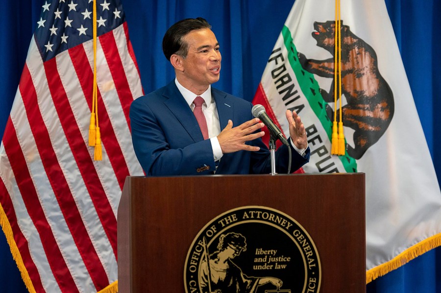 In this April 23, 2021, file photo, California Attorney General Rob Bonta speaks in Sacramento. (Paul Kitagaki Jr./The Sacramento Bee via AP, Pool, File)