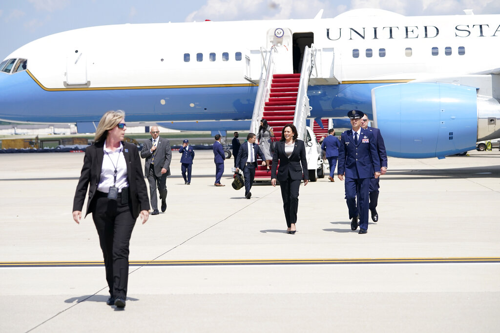 Vice President Kamala Harris deplanes Air Force Two after a technical issue forced the aircraft to return and land at Andrews Air Force Base, Md., Sunday, June 6, 2021, as she was en route to Guatemala City. (AP Photo/Jacquelyn Martin)