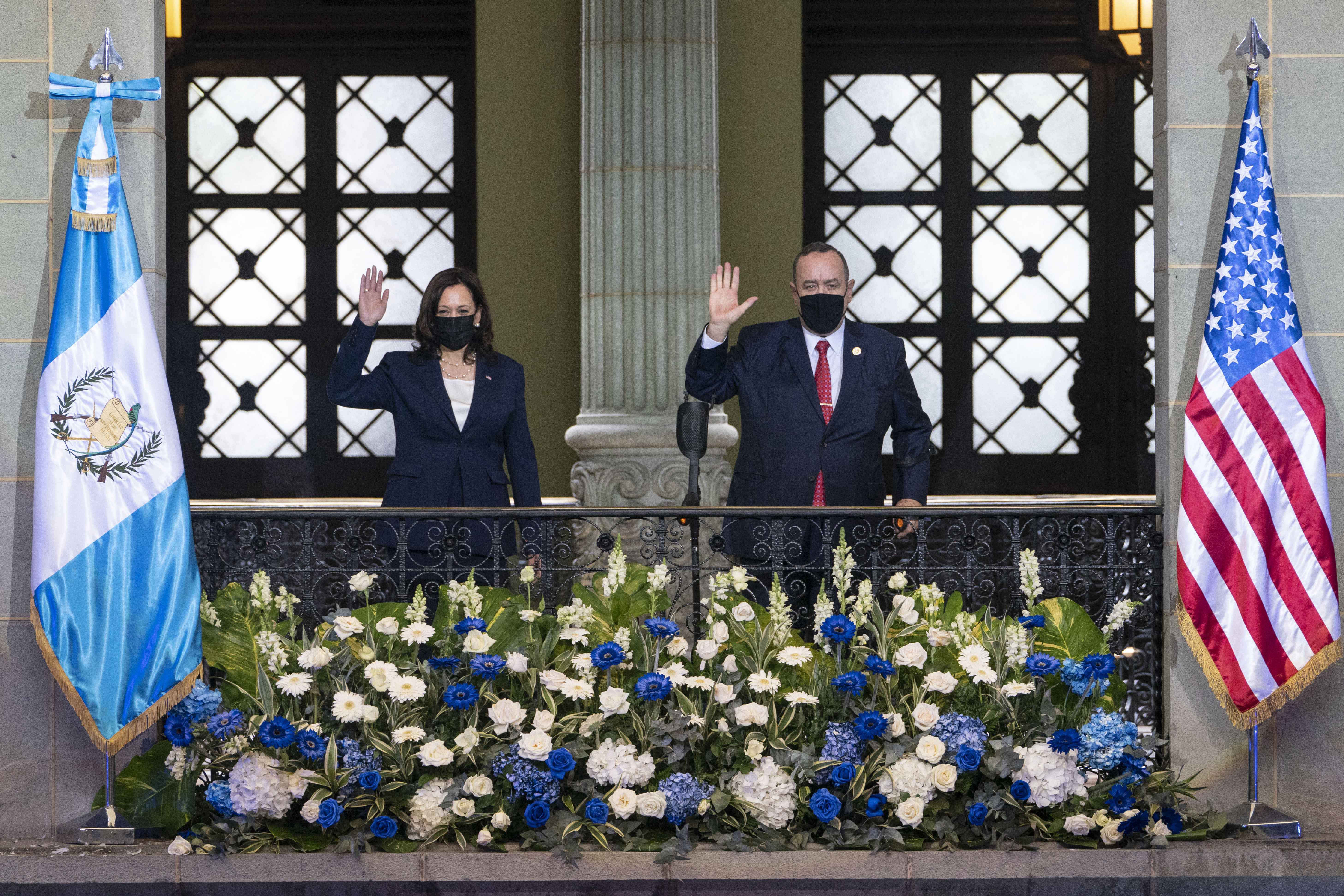 Vice President Kamala Harris and Guatemalan President Alejandro Giammattei pose for an official photograph on June 7, 2021, at the National Palace in Guatemala City. (Jacquelyn Martin / Associated Press)