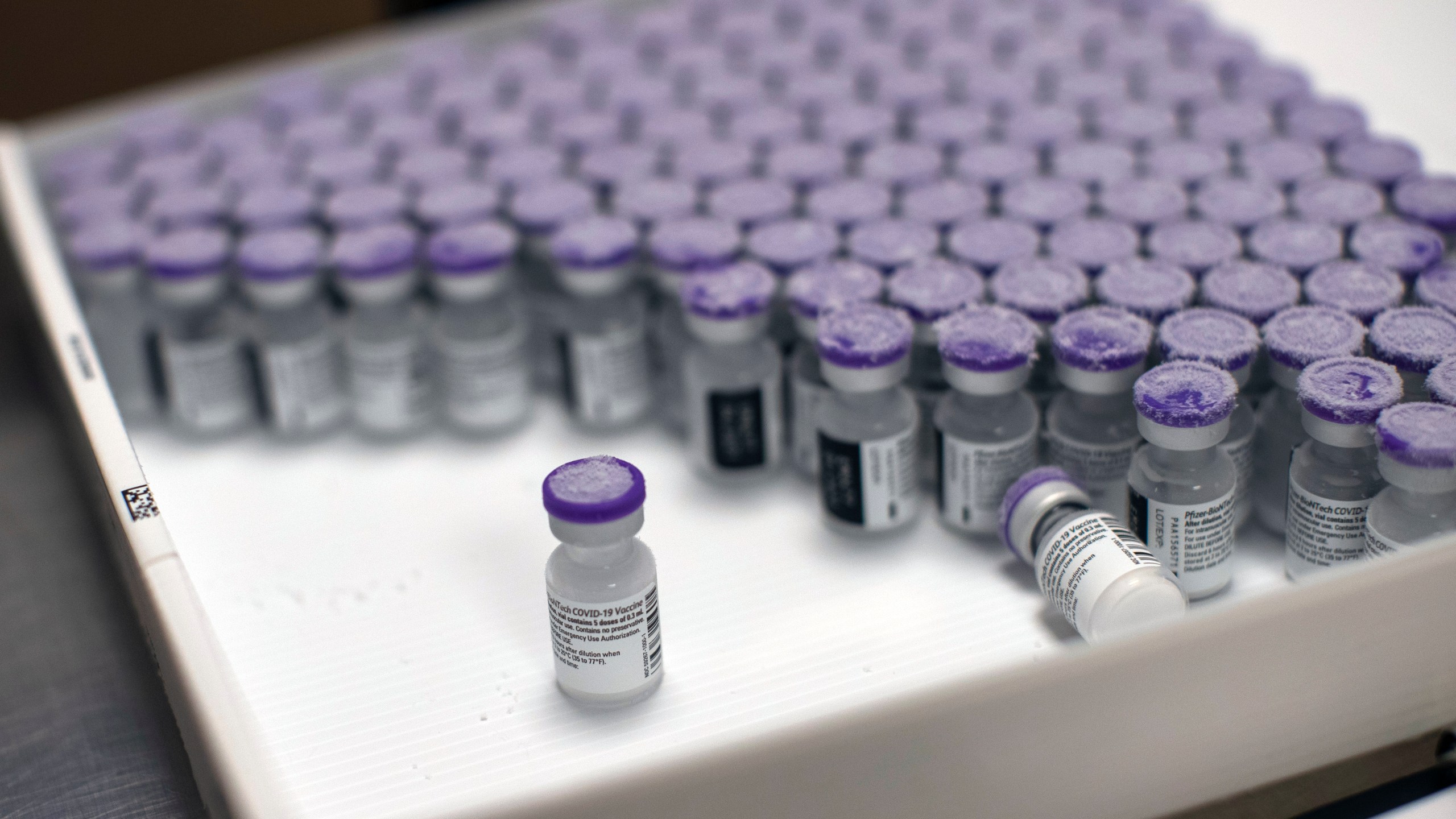 In this Monday, Jan. 4, 2021 file photo, frozen vials of the Pfizer/BioNTech COVID-19 vaccine are taken out to thaw, at the MontLegia CHC hospital in Liege, Belgium. The U.S. will buy 500 million more doses of the Pfizer COVID-19 vaccine to share through the COVAX alliance for donation to 92 lower income countries and the African Union over the next year, a person familiar with the matter said Wednesday. President Joe Biden was set to make the announcement Thursday in a speech before the start of Group of Seven summit. (AP Photo/Francisco Seco, File)