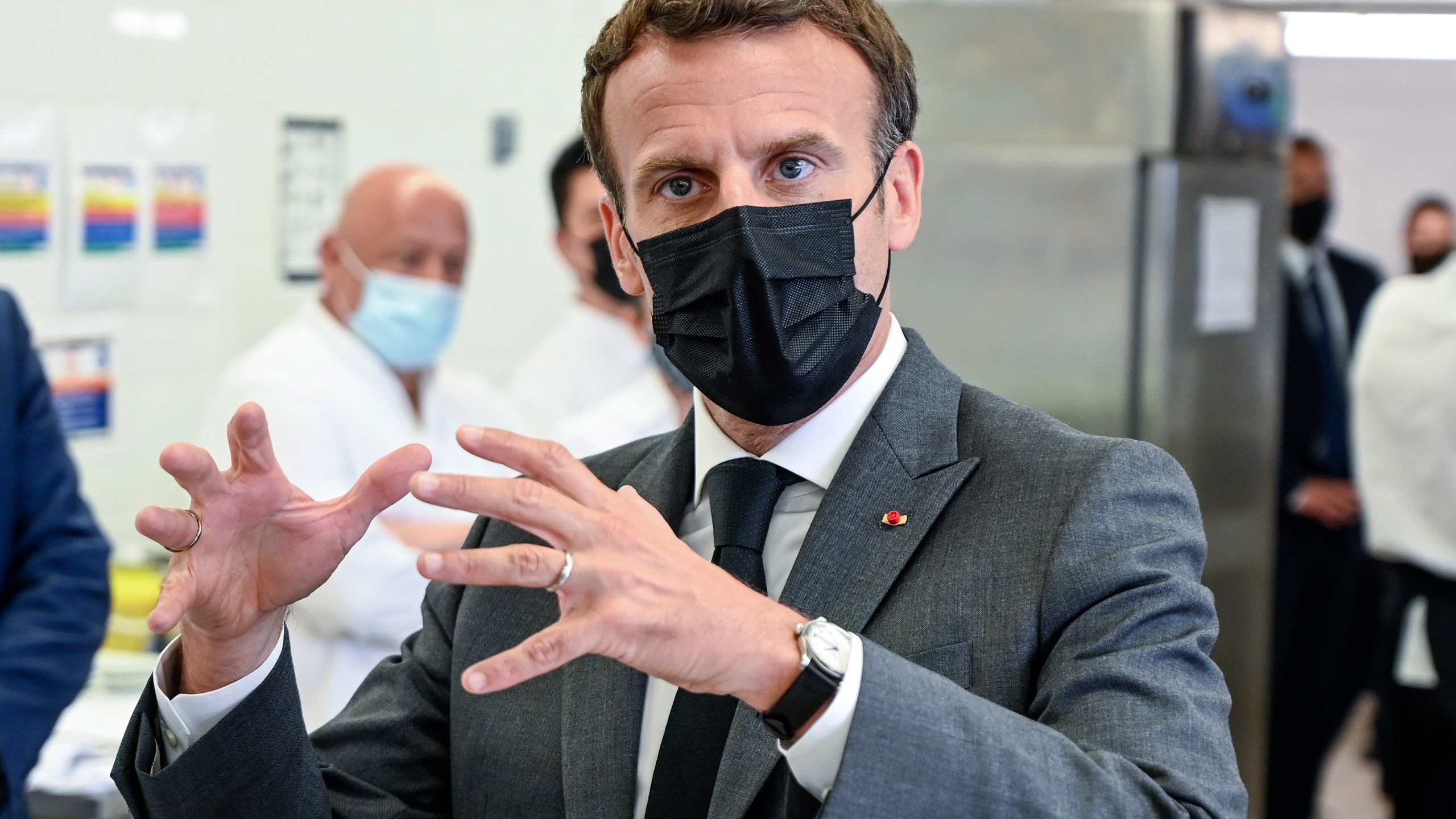 French President Emmanuel Macron talks to journalists Tuesday June 8, 2021 at the Hospitality school in Tain-l'Hermitage, southeastern France. French President Emmanuel Macron has been slapped in the face by a man during a visit in a small town of southeastern France, Macron's office confirmed. (Philippe Desmazes, Pool via AP)