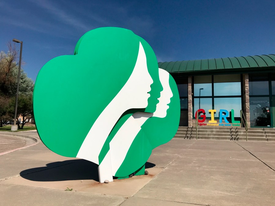 This June 7, 2021, image shows the headquarters of Girl Scouts of New Mexico Trails in Albuquerque, New Mexico. Rebecca Latham, CEO of Girl Scouts of New Mexico Trails, said her council had thousands of boxes left over at the end of the selling season in late spring, even though girls tried innovative selling methods like drive-thru booths and contact-free delivery. (AP Photo/Susan Montoya Bryan)