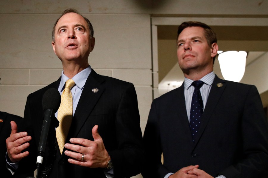 In this May 28, 2019 file photo, Rep. Adam Schiff, D-Calif., left, and Rep. Eric Swalwell, D-Calif., speak with members of the media on Capitol Hill. (Patrick Semansky/Associated Press)