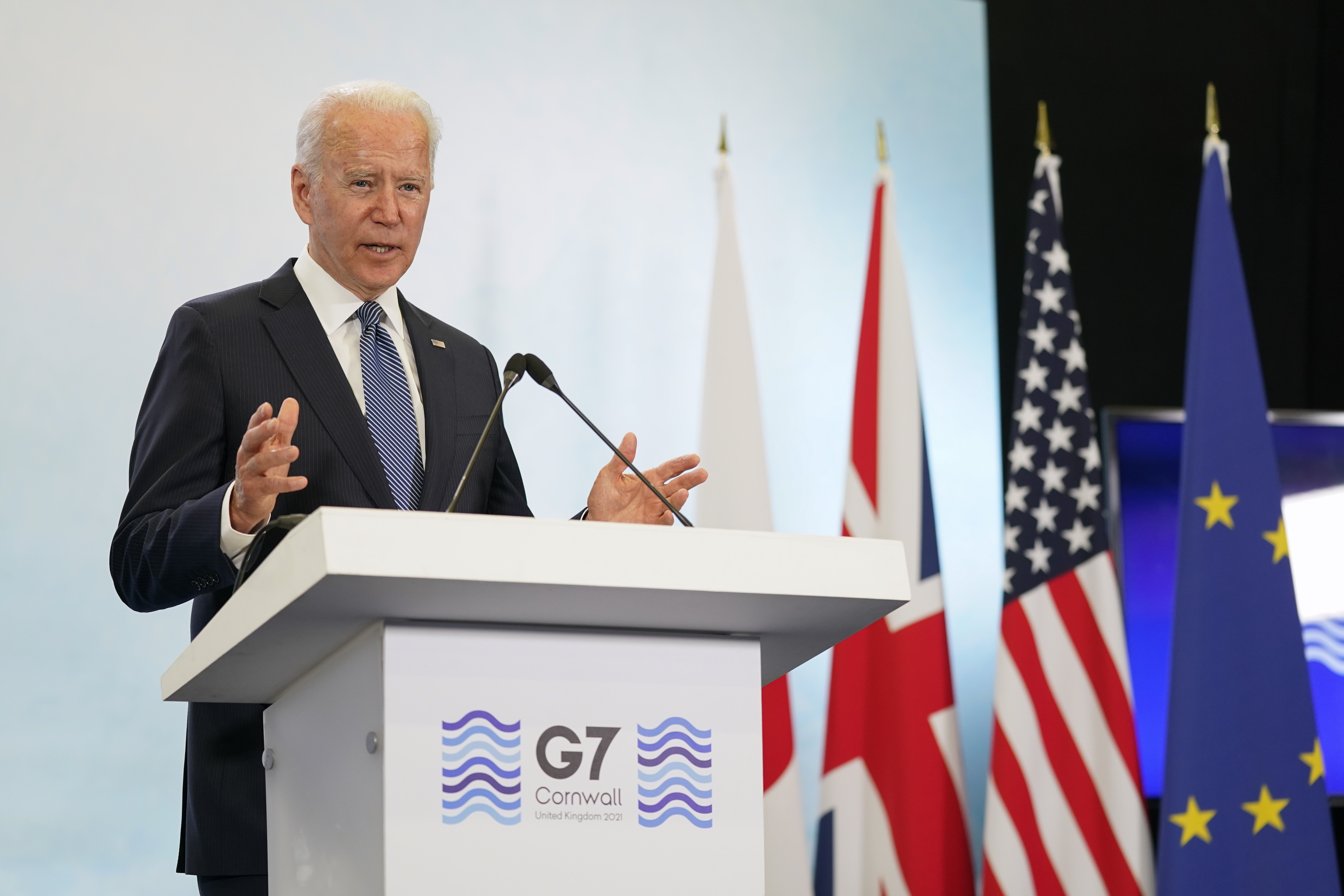 President Joe Biden speaks during a news conference after attending the G-7 summit, Sunday, June 13, 2021, at Cornwall Airport in Newquay, England. (AP Photo/Patrick Semansky)