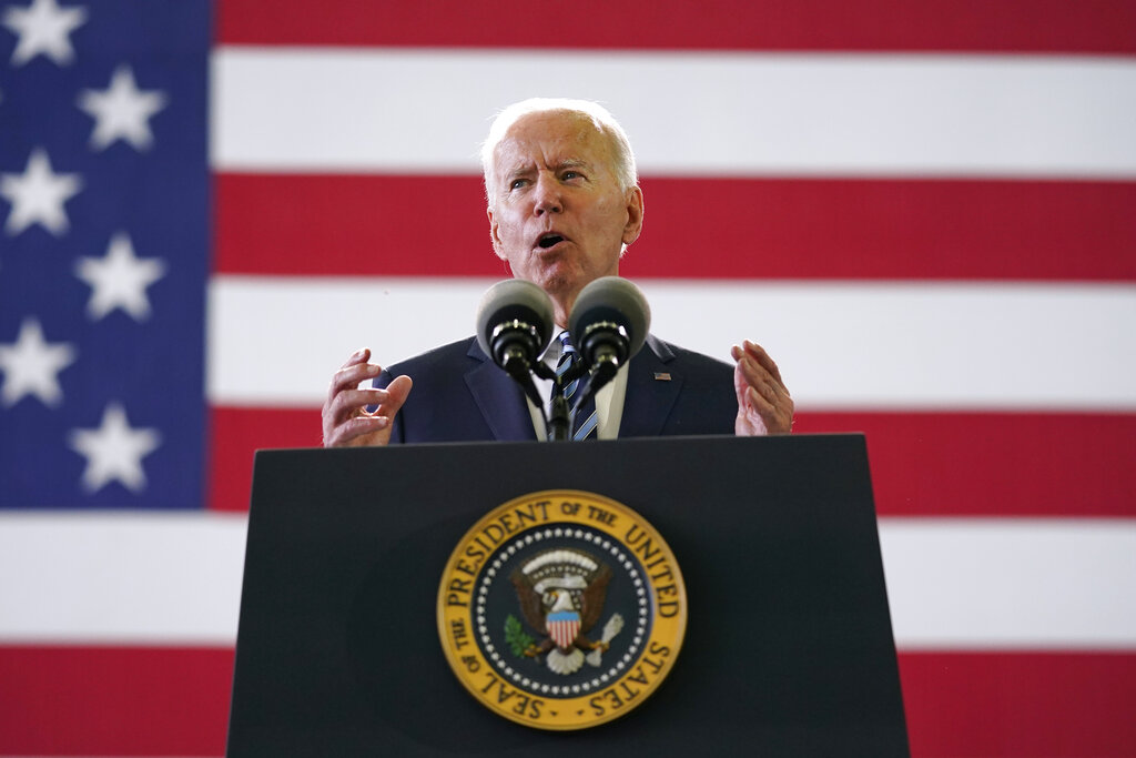 In this Wednesday, June 9, 2021, file photo, President Joe Biden speaks to American service members at RAF Mildenhall in Suffolk, England.(AP Photo/Patrick Semansky, File)